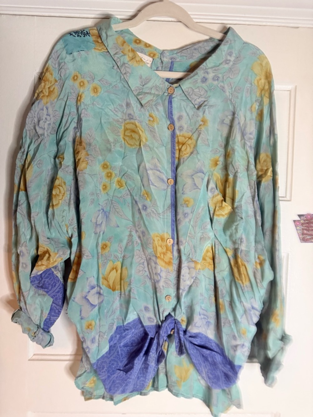 Kantha Bae Silk Light Aqua Floral Button-Up Shirt with Yellow Roses